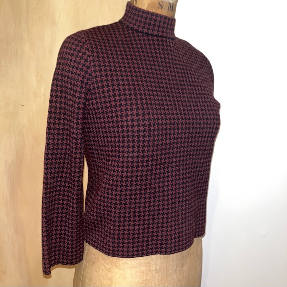 Theory black burgundy checkered wool mock neck sweater top size small women